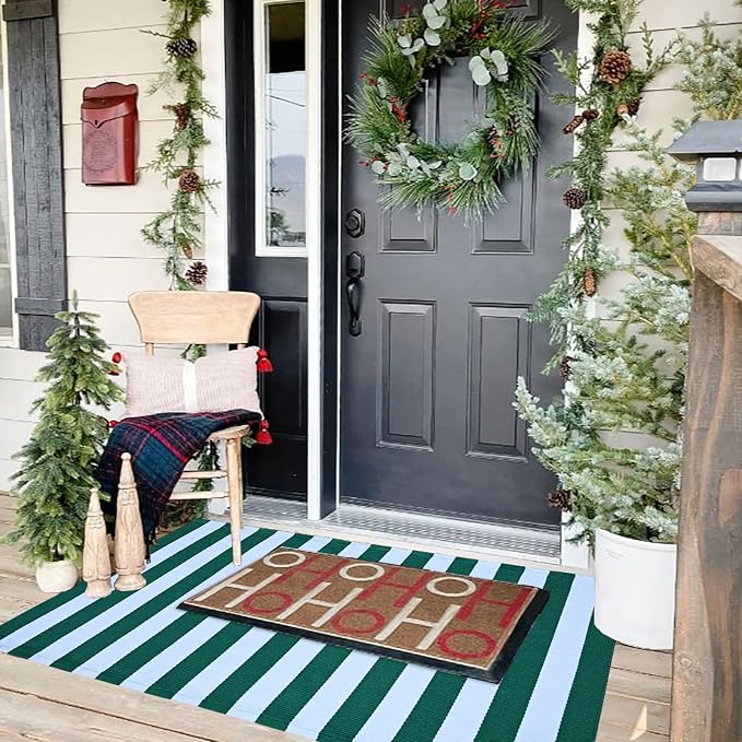 Green & White Striped Rug, 2'4" x 3'7" Indoor/Outdoor Area Rug for Front Porch, Entryway, Machine Washable Cotton Woven Welcome Door Mat