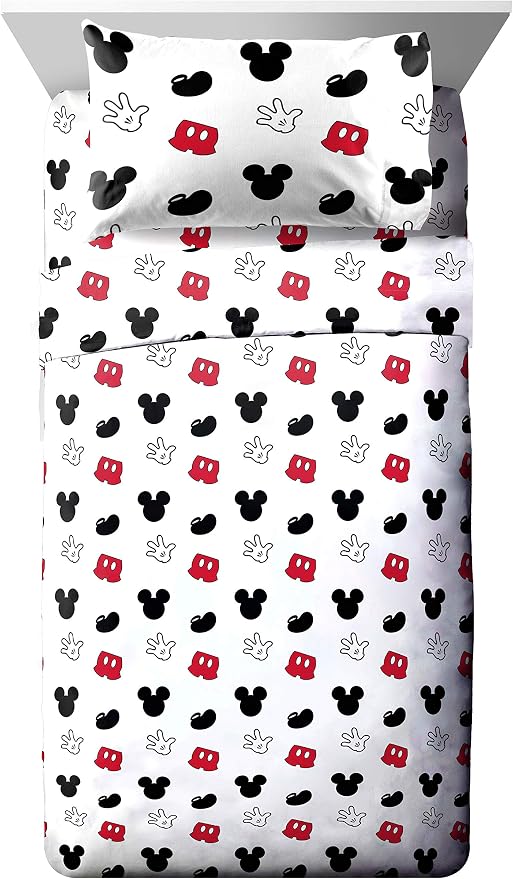 Disney Mickey Mouse Twin Comforter Set 4 Piece Kids Cartoon Bedding, Red | Bed in a Bag, Comforter Sheets Pillowcase, Official Product, Soft Microfiber, Machine Washable, Easy Care, Kids Gift