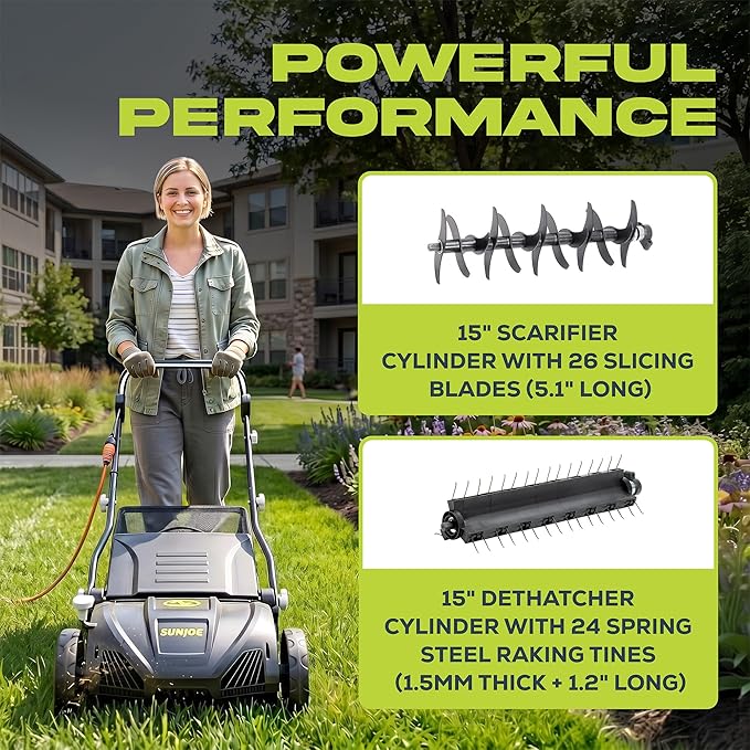 Sun Joe 15-Inch Lawn Dethatcher with Scarifier Blade Reel, AJ805E | and Collection Bag - 13-Amp Corded Yard Power Rake Tool Machine for Grass Thatch Removal, Electric Powered