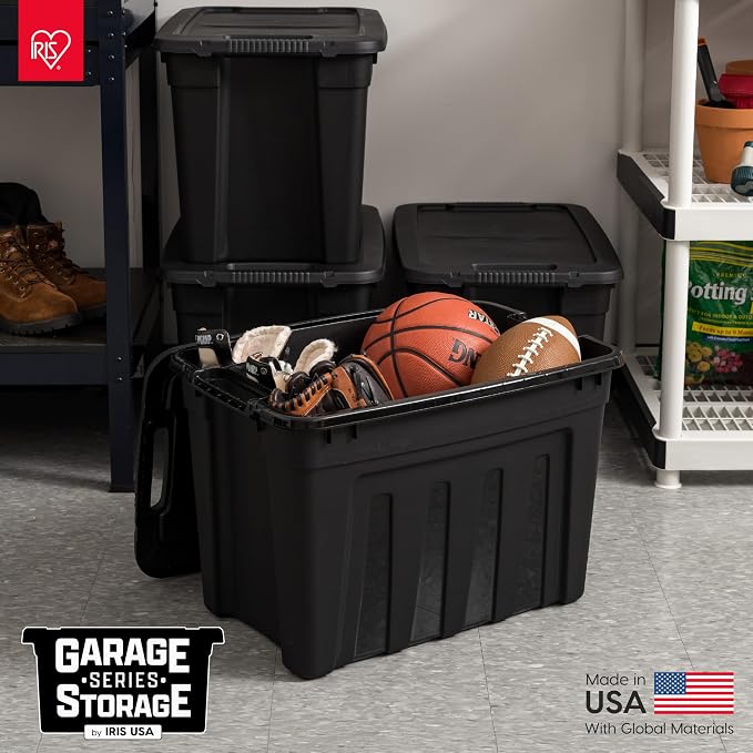 IRIS USA 4-Pack 20 Gal Heavy Duty Storage Totes with Lids, Black | Heavy-duty design with easy-grip handles for comfortable carrying, Great for tools, garage organization, camping gear