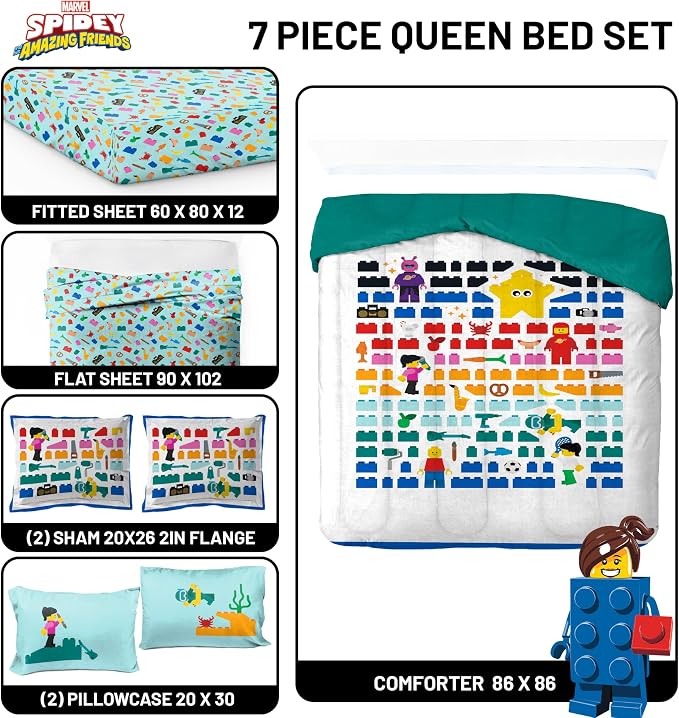 LEGO® Blocks Queen Comforter Set 7 Piece Soft Kids Bedding, White | Bed in a Bag, Comforter Sheets Shams Pillowcases, Official Product, Soft Microfiber, Machine Washable Easy Care, Kids Gift