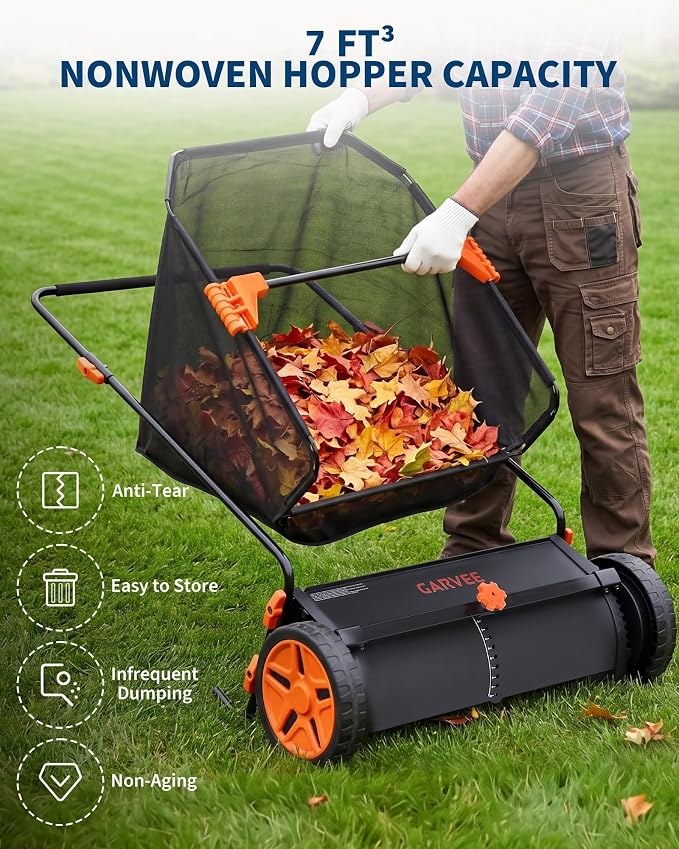 26 Inch Push Lawn Sweeper with Large 7 cu ft Collection Bag, Heavy Duty | Steel Frame, 10" Rubber Wheels, 4 Spinning Brushes, Manual Height Adjustment for Leaves Grass and Yard Debris, Black Orange