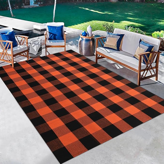 Buffalo Plaid Outdoor Rug 4x6 Ft Orange and Black Checkered Area Rug Halloween Washable Fall Indoor Outdoor Rugs for Entryway,Hallway, Kitchen, Living Room, Dining Room, Bedroom