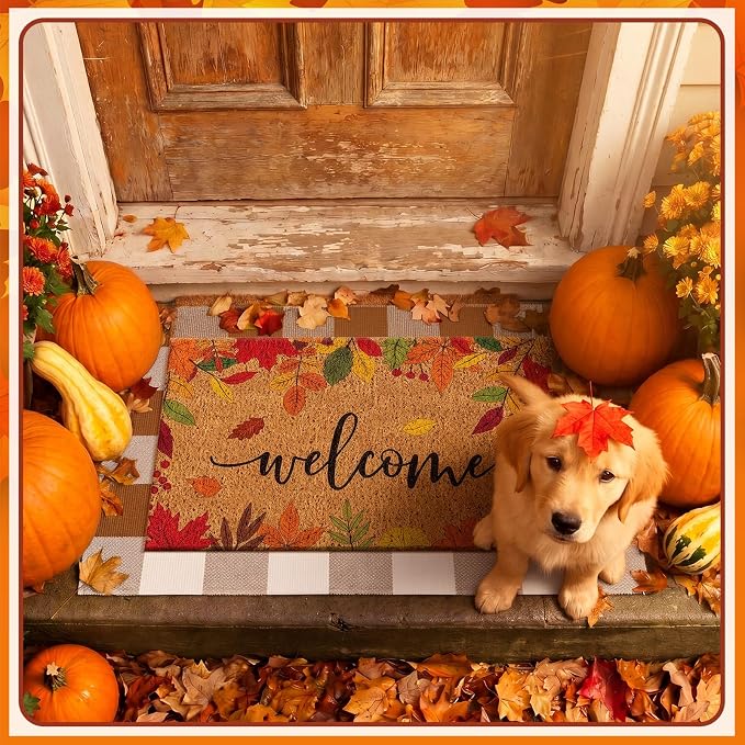 Moucuny 2 Pcs Fall Doormat Outdoor Maple Leaf Coir Welcome Mat 16'' x 28'', Layered Brown White Plaid Rug 24'' x 35'' for Fall Autumn Front Porch Entryway Entrance Decor