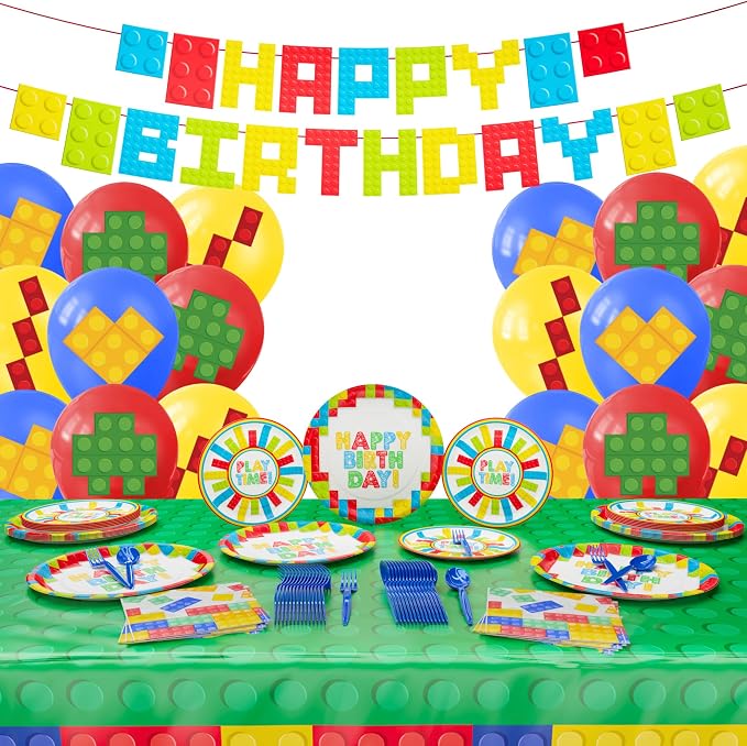 Building Block Deluxe Party Supplies Pack (137 Pieces for 16 Guests) - Gamer Birthday Decorations, Gamer Party Supplies , Blocks Party Decor, Brick Birthday, Blue Orchards