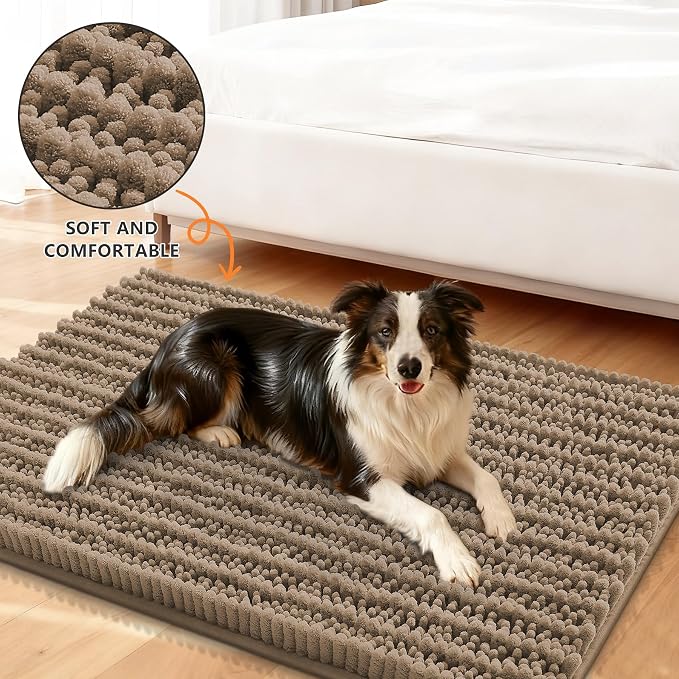 Smiry Dog Door Mat for Muddy Paws 34x21, Absorbent Dirt Trapper, Non-Slip Washable Chenille Entryway Rug for Inside Floor, Camel, Layered Pattern