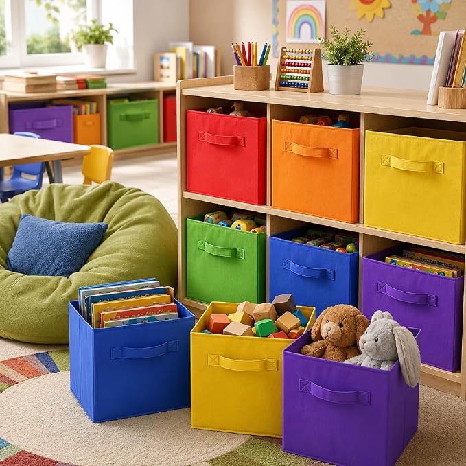 Yinder 12 Pcs Cube Storage Bin Rainbow Colored 10.5''x10.5''x11'' Storage Bins for Kids Classroom Decor Colorful Bins Foldable Baskets for Playroom Nursery Organizer Fabric Boxes