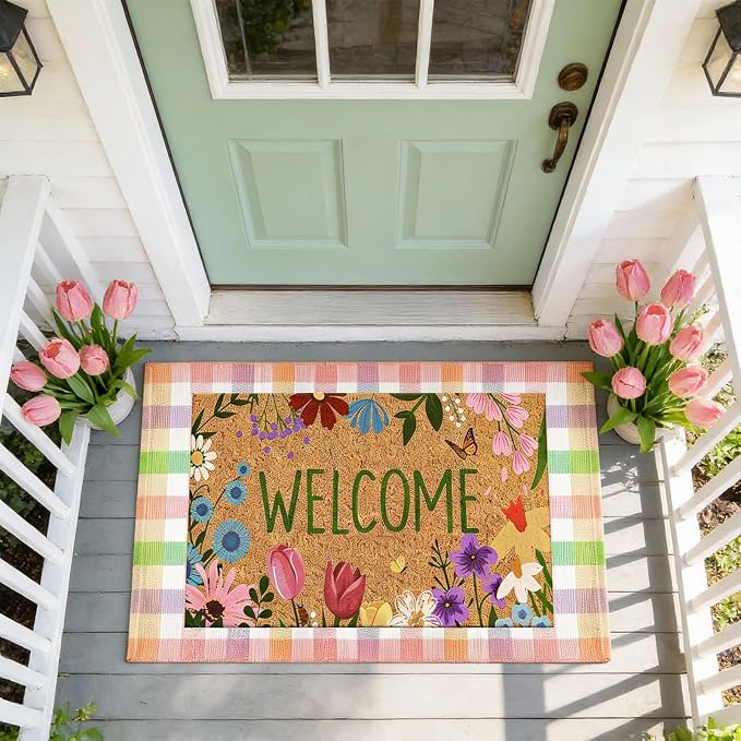 Moucuny 2 Pcs Farmhouse Coir Doormat Outdoor Flower Welcome Outdoor Rug Front Porch Mats Layered Colorful Plaid Rugs for Front Door Porch Entryway Decor