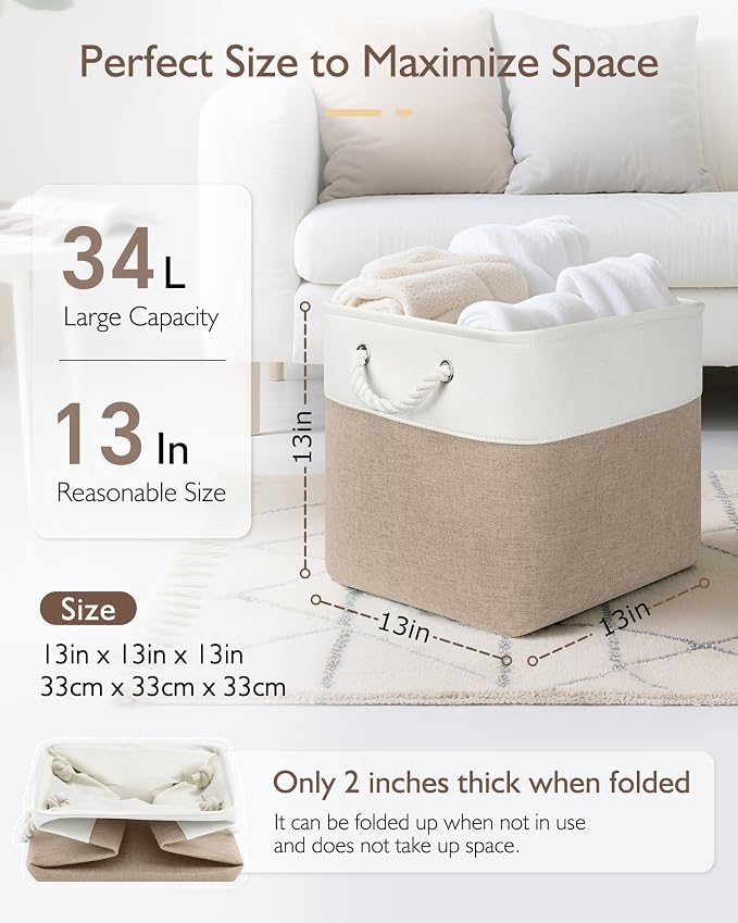 Patvingot 13-Inch Fabric Cube Storage Bins with Handles,4 Pack,Foldable | For cube shelves and closets,keeps grouped for everyday access,reinforced opening and fold-flat storage,white and khaki