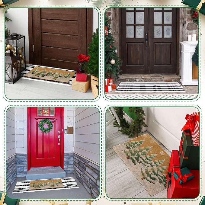 2 Pcs Outdoor Door Mat Combo Set Layered Outdoor Rug and Coir Welcome Doormat Non Slip Outside Floor Mat for Front Porch Entryway Patio Yard Decor(Pine Tree,24'' X 51',18'' X 28'')