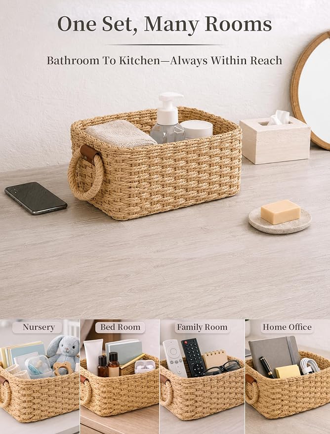 Small Wicker Baskets, 3 PCS Paper Rope Baskets for Shelves, Brown | Recycled Small Baskets, 3 Sizes Woven Baskets for Organizing, Decorative Storage Baskets for Bedroom and Bathroom