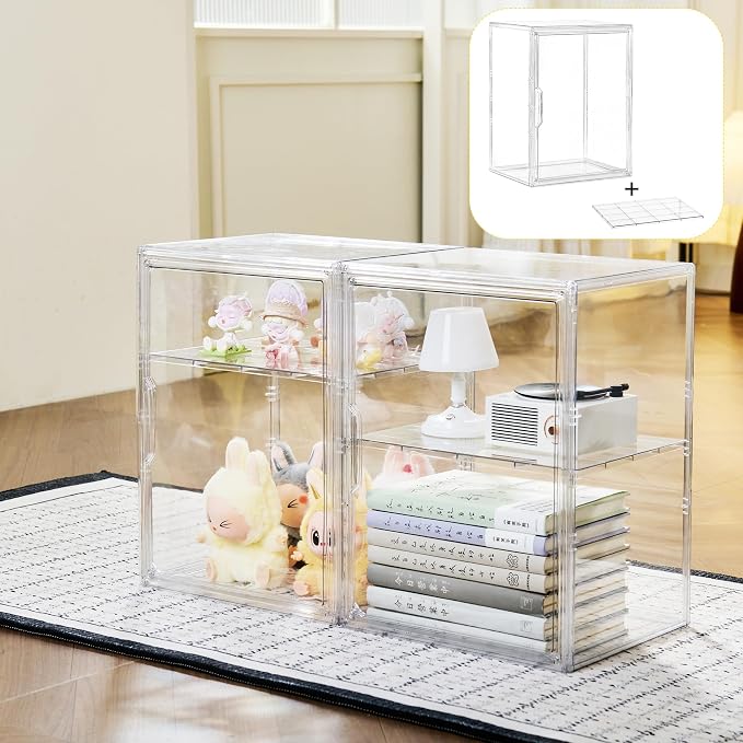 LXLXXL 2 Tier Stackable Acrylic Display Case with Magnetic Lids, 2 Pack | Clear Stackable Bins with Magnetic Lids, Clear Storage Box for Figures and Makeup, Durable Dustproof Display Case Organizer
