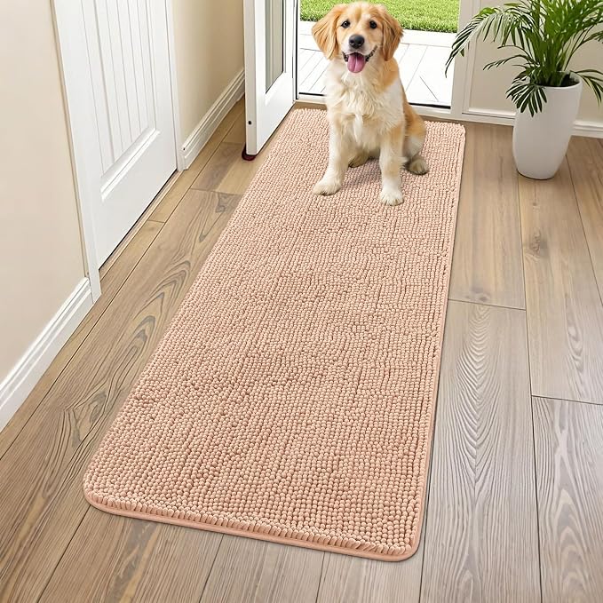 Smiry Dog Door Mat for Muddy Paws 59x20, Absorbent Dirt Trapper, Non-Slip Washable Chenille Entryway Rug for Inside Floor, Peach, Classic Solid