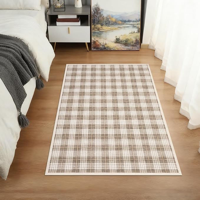 GarveeHome Checkered Rugs 2x3, Machine Washable Entryway Rug with Non Slip Backing, Stain Resistant Low-Pile Doormat for Indoor Outdoor Hallways Kitchen Bathroom Bedroom Beige