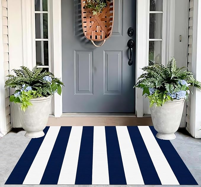 Blue and White Layered Doormat 2.3'x3.6,Machine Washable Porch Rug Cotton Woven Striped Farmhouse Small Area Rug for Porch/Home Entrace Decor/Bedroom/Layered Door Mats
