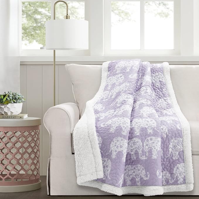 Lush Decor Elephant Parade Sherpa Throw Blanket 50" W x 60" L, Purple - Elephant Blanket for Kids - Plush Throw Blankets for Bed - Couch Blankets