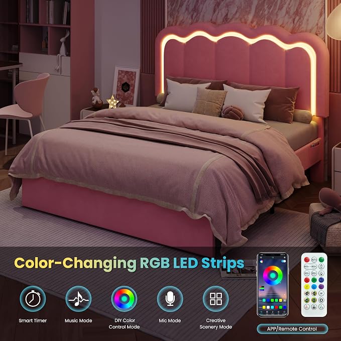 SHA CERLIN Full Size Bed Frame with LED Lights and Storage Drawer, Pink | Upholstered Velvet Platform Bed with Adjuatable Wavy Headboard, Noise-Free, Easy Assembly,No Box Spring Needed