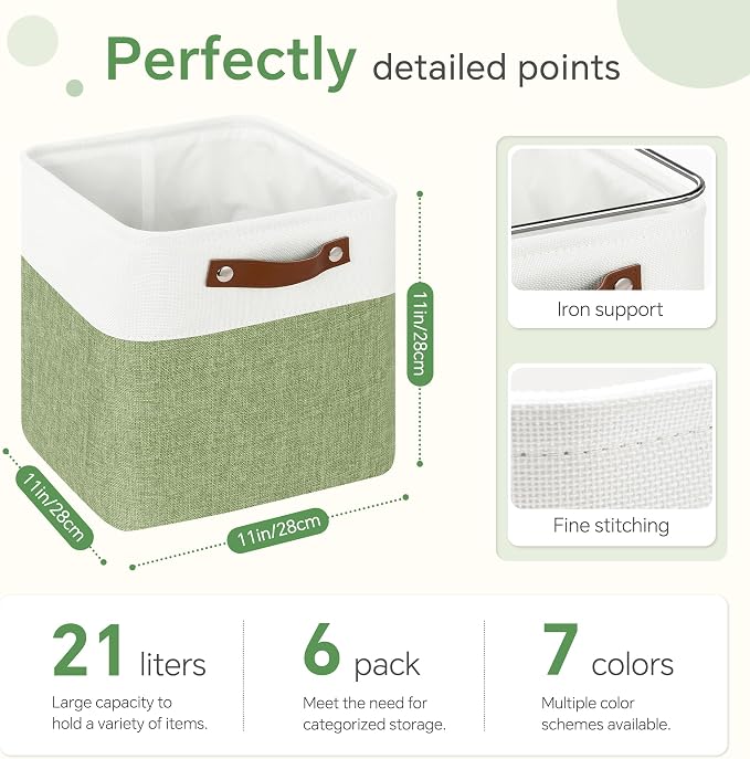 FinishingBo 11x11 Cube Storage Bins 6 Pack, Fabric Basket with Handles | Foldable Storage Cubes, PU Leather Handles,Closet Storage, White Green