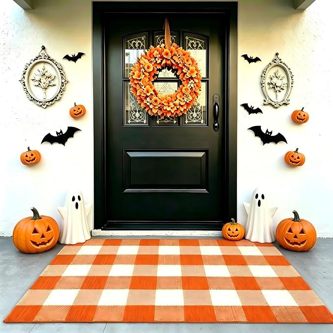 Halloween Orange and White Buffalo Plaid Rug,2'4'' x 3'7'' Indoor Outdoor Washable Rug, Spooky Accent Mat for Halloween Indoor Outdoor Decor, Porch, Living Room, Entryway, Patio