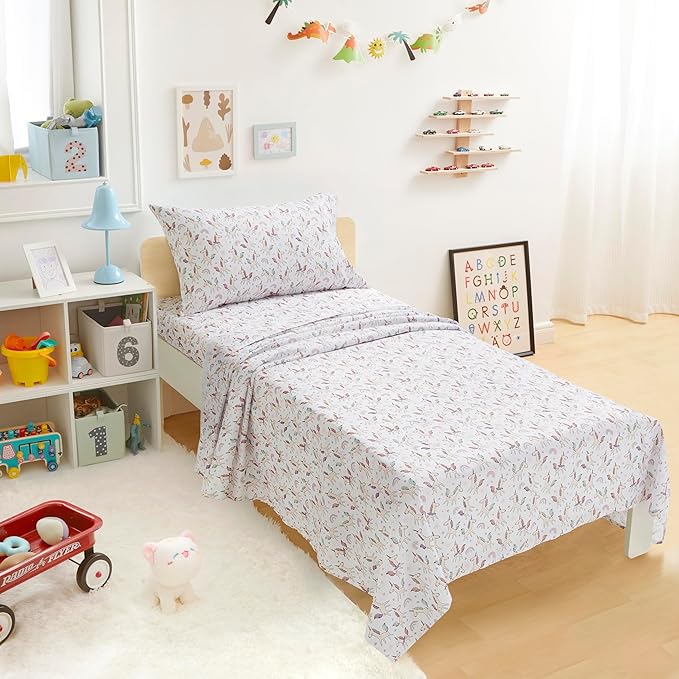 Amazon Basics Microfiber Kids' Sheet Set with Pillowcase, 3-Piece, Twin, Unicorn & Rainbow