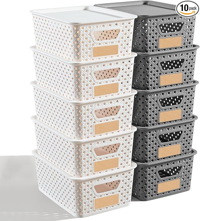 10 Pack Small Plastic Storage Bins with Lids, Stackable Plastic Storage Baskets for Organizing with Handles, Organizer Bins with Labels for Room, Craft, Containers for Pantry Organizers and Storage