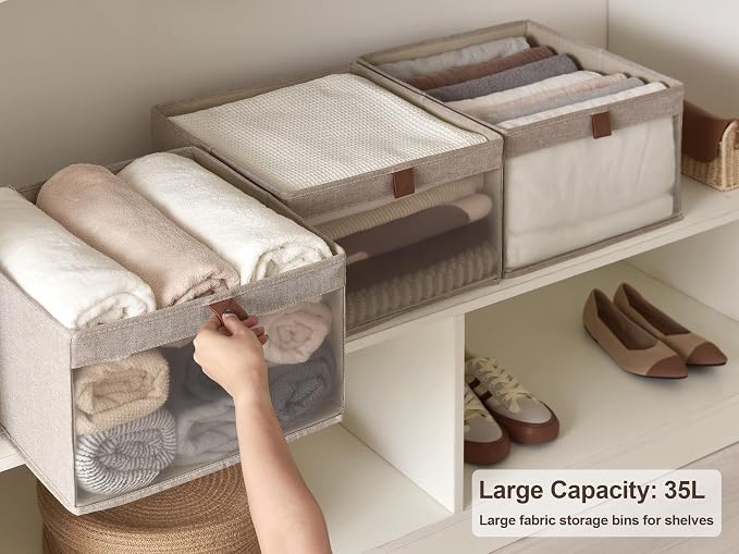 StorageWorks Closet Storage Bins, Extra Large Storage Baskets with Clear Window and Handles, Foldable Fabric Organizer for Clothes, Shelves, Brown and Beige, 3 Pack