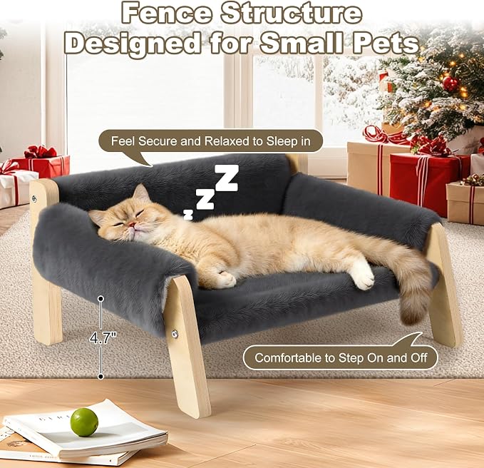 FAMIDGE Elevated Cat Couch Bed for Indoor Cats - Wooden Pet Sofa with Removable Washable Thick Cover Raised Kitty Lounge Chair Suitable for Puppy or Small Animals(Cat Sofa Grey)
