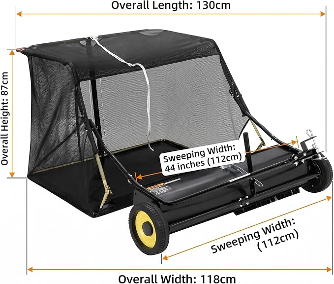 44" Tow Behind Lawn Sweeper for Riding Mower, 12 Cu ft Large Capacity Grass and Leaf Collector, Adjustable Brush Height Yard Sweeper with Dump Rope, Heavy Duty Yard Leaf Collector for Lawn