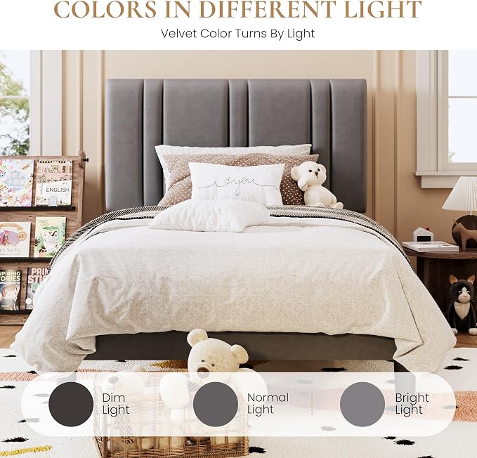 SHA CERLIN Twin Size Velvet Bed Frame with Adjustable Headboard, Grey | Vertical Channel Tufted Design, Upholstered Platform Bed, Wood Slats Support/No Box Spring Needed/Easy Assembly