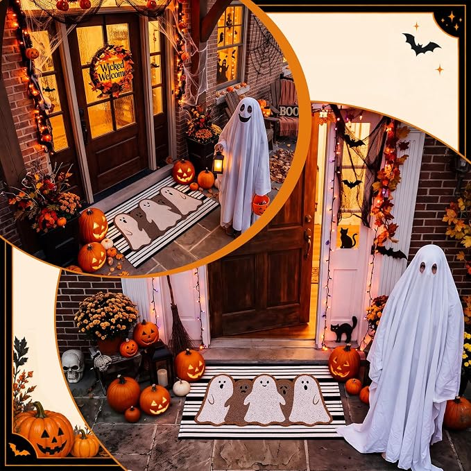 Moucuny 2 Pcs Halloween Coir Doormat Outdoor Ghost Welcome Mat with Black and White Stripe Area Rug Halloween Outdoor Doormat for Front Door Porch Entryway Decor, 16'' x 28'', 24'' x 35''