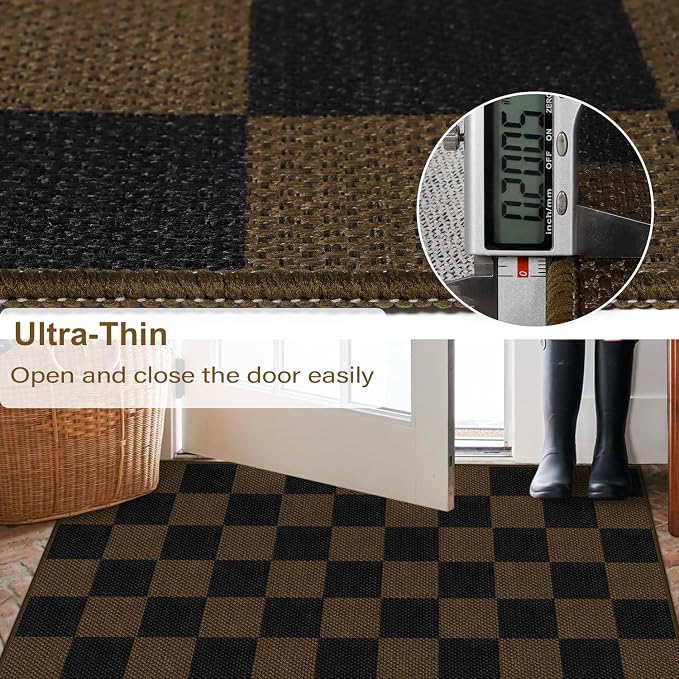 Rugalia Easy Jute Checkered Runner Rug, 2.6x8 Coffee Modern Washable Rugs Runner for Hallway Non-Slip Kitchen Runner Rug, Neutral Checkerboard Indoor Outdoor Carpet for Porch Laundry Entryway