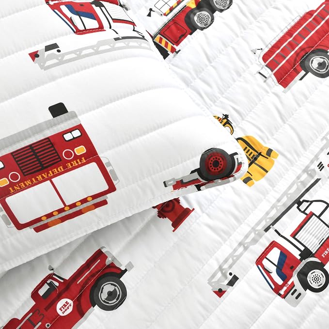 Lush Decor Fire Truck Quilt 4 Piece Set, Full/ Queen, Red & White - Reversible Stripe Print Bedding Set for Kids Room