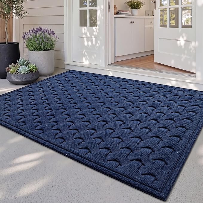 DEXI Front Door Mat Outside Entrance, 2x4 Heavy Duty Entry Doormat Dirt Trapper with Rubber Back, Non Slip Low Profile Floor Mats for Entryway Exterior Patio, Navy Blue