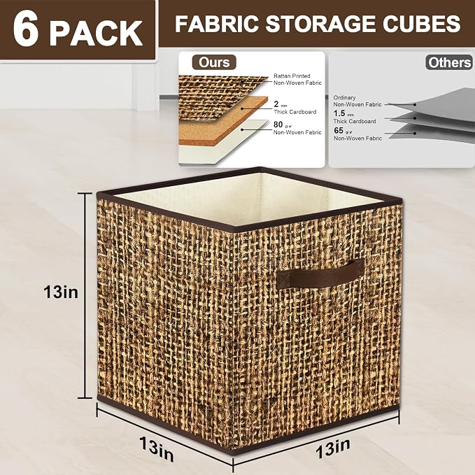 homyfort 11x11 Cube Storage Bins - Fabric Cubby Bins with Dual Handles, Collapsible Storage Organizer for Shelf, Closet, Nursery, Set of 6 (PRINTING instead of Real Rattan Weaving)