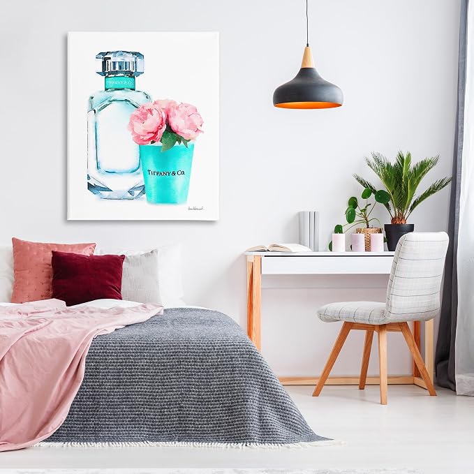 Teal Perfume Bottle Peonies Glam, 36 x 48 Inch Canvas Wall Art | Stupell Industries · By Amanda Greenwood · Ready to hang · Chic gift for home decor · Made in USA