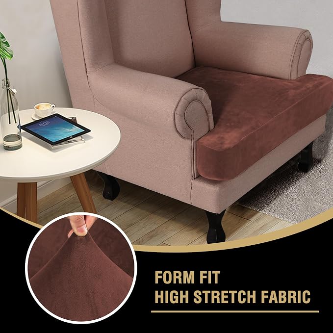 H.VERSAILTEX Stretch Velvet T Cushion Chair Covers for Living Room Armchair Sofa Cover Couch Cover Slipcover T Cushion Seat Cover Stay with Elastic Bands (Armchair, Burnt Brick)