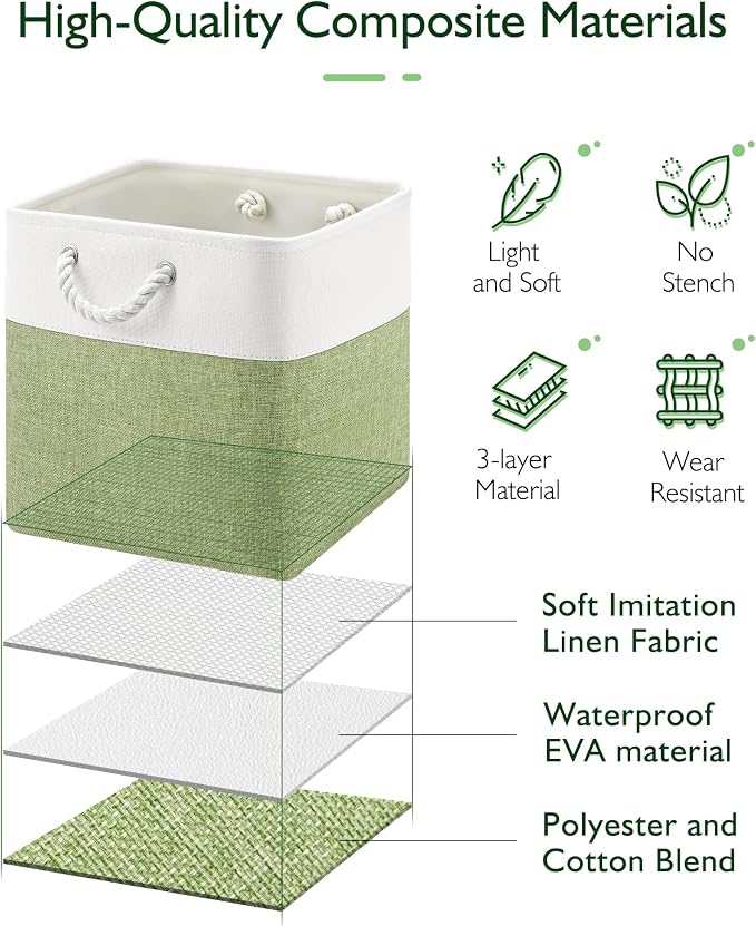 Patvingot 13-Inch Fabric Cube Storage Bins with Handles,4 Pack,Foldable | For cube shelves and closets,keeps grouped for everyday access,reinforced opening and fold-flat storage,white and green