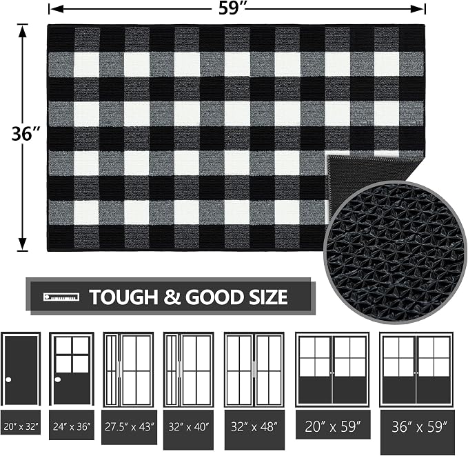 FONEYI Buffalo Plaid Outdoor Rug for Front Door Mats, 36" x 59" Black and White Checkered Layered Door Mat with Non Slip Backing, Washable Entryway Rug for Porch, Front Porch and Farmhouse Decor