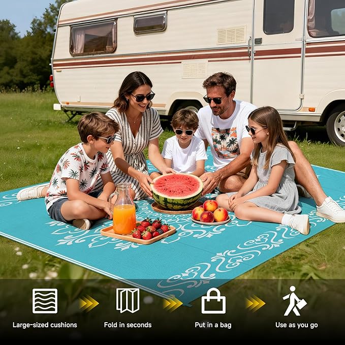Pauwer Outdoor Rug 5x8, Waterproof Plastic Straw Camping Rug, Floral Teal | Reversible Patio Rug, UV Resistant Indoor Outdoor RV Mat Carpet For Deck, Camper, Porch, Balcony, Backyard, Picnic, Foldable
