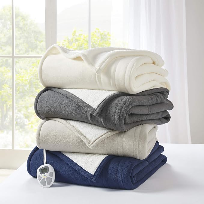 Serta Heated Blanket Queen - Reversible Fleece Heating Blanket, Creme White | Dual-Layer Heated Throw Blanket With 5 Heat Settings & Auto Shut Off, Machine Washable, ETL Certified
