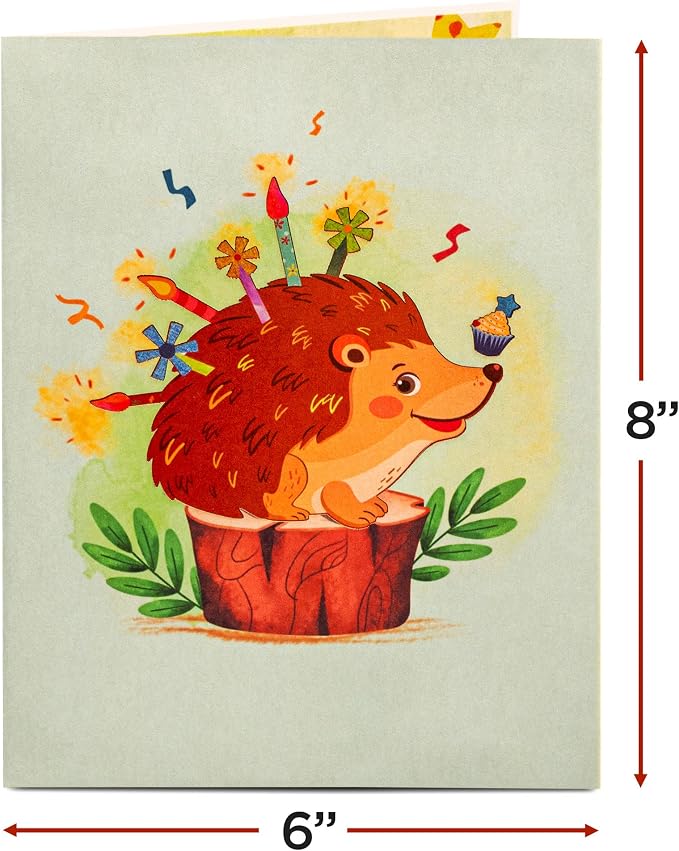 Paper Love Birthday Pop Up Cards 2 Pack - Includes 1 Birthday Hedgehog and 1 Birthday Dinosaur, For Adults or Kids -8" x 6" Cover - Includes Envelope and Note Tag