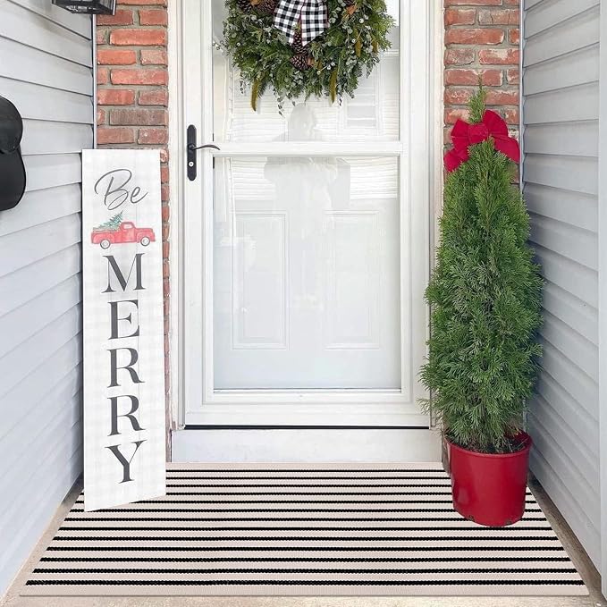 LEEVAN Outdoor Runner Rug 2x4.3 Black and White Striped Front Porch Rug | Layering Fall Doormat Farmhouse Front Porch Rug Cotton Woven Washable Throw Carpet Runner for Front Steps/Bathroom/Kitchen