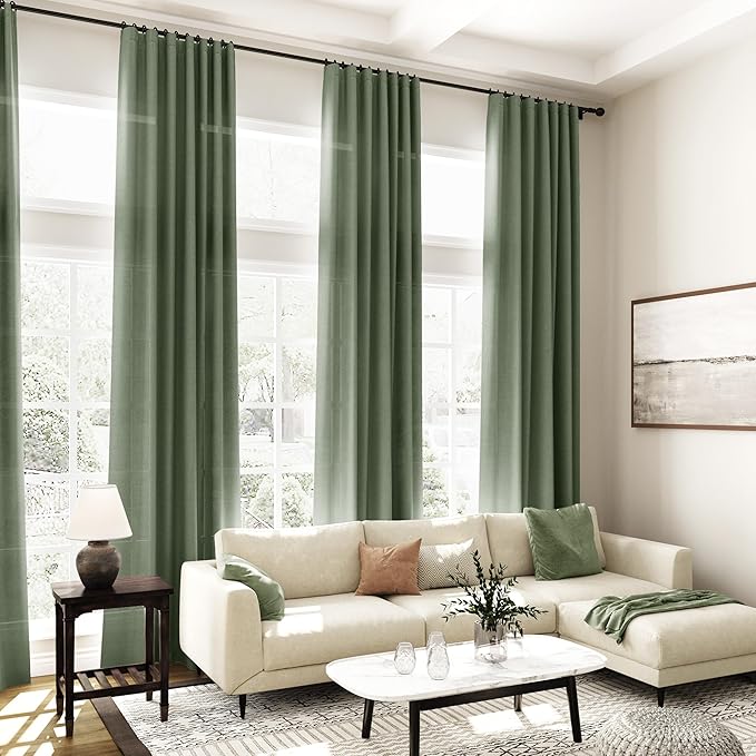Extra Long Curtain 108 Inches Long 2 Panels Set Back Tab Olive Green Linen Drapes for Living Room Neutral Farmhouse Light Filtering Semi Sheer Linen Curtains 108 Inch Length for Large Window 9 FT