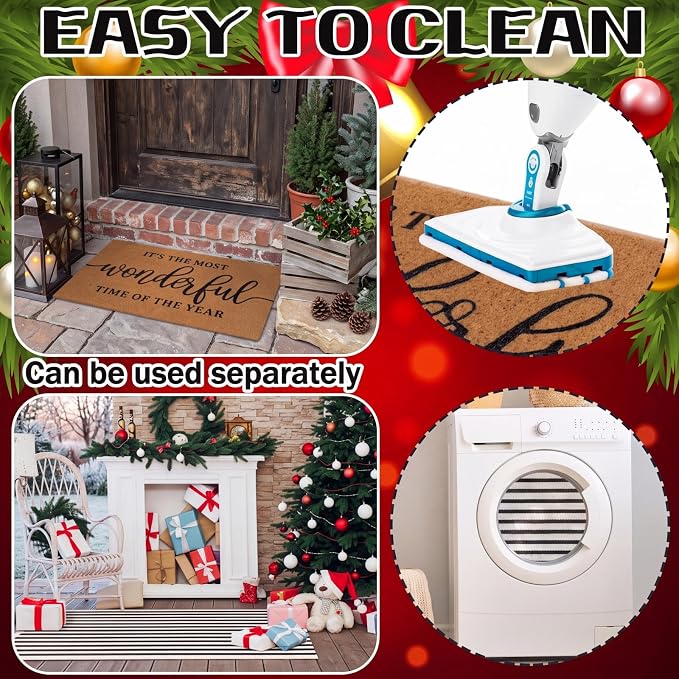 Moucuny 2 Christmas Coir Outdoor Mat, Non Slip | It Is The Most Wonderful Time of The Year Welcome Mat Black White Rug Front Porch Entryway Decor, 24'' x 35'', 16'' x 28''