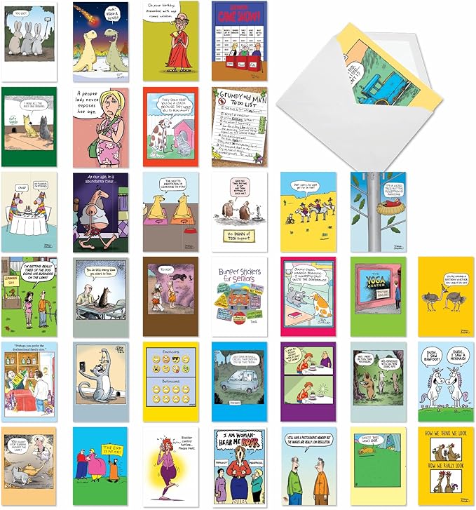 NobleWorks 36 Assorted Funny Retro Cartoon Style Birthday Cards Bulk Box Set with Envelopes (36 Designs, 1 Each) Mixed Humor Card Variety Pack for Men and Women Cartoon Party AC9374BDG-B1x36