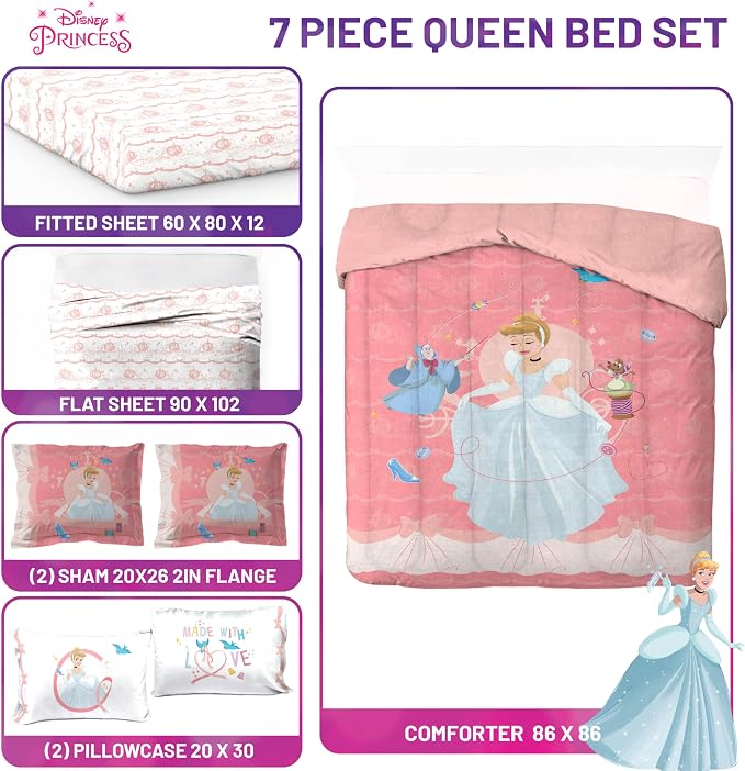 Disney Princess Cinderella Queen Comforter Set 7 Piece Kids Bedding, Pink | Bed in a Bag, Comforter Sheets Shams Pillowcases, Official Brand, Soft Microfiber, Machine Washable, Girls Gift