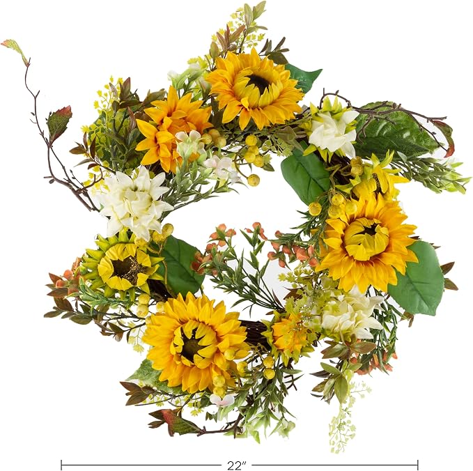 Sunflower Wreath - 22-Inch Artificial Spring, Summer, or Fall Wreath for Home Decor - Wreaths for Indoors or Covered Patio Use Only by Pure Garden