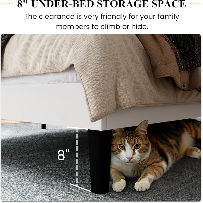 SHA CERLIN Full Size Velvet Bed Frame, Tufted Wingback Headboard, White | 47'' Modern Vertical Channel Headboard, Upholstered Platform Bed, Wood Slats, No Box Spring Needed, Easy Assembly, Noise Free