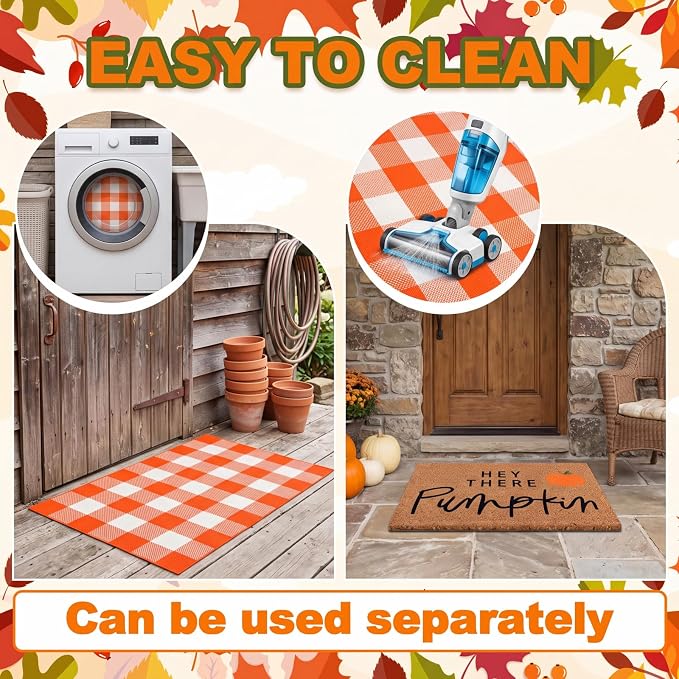 2 Pcs Fall Coir Doormat Outdoor Hey There Pumpkin Welcome Outdoor Mat Thanksgiving Front Proch Rugs Layered Buffalo Plaid Mats for Autumn Front Porch Entryway Decor