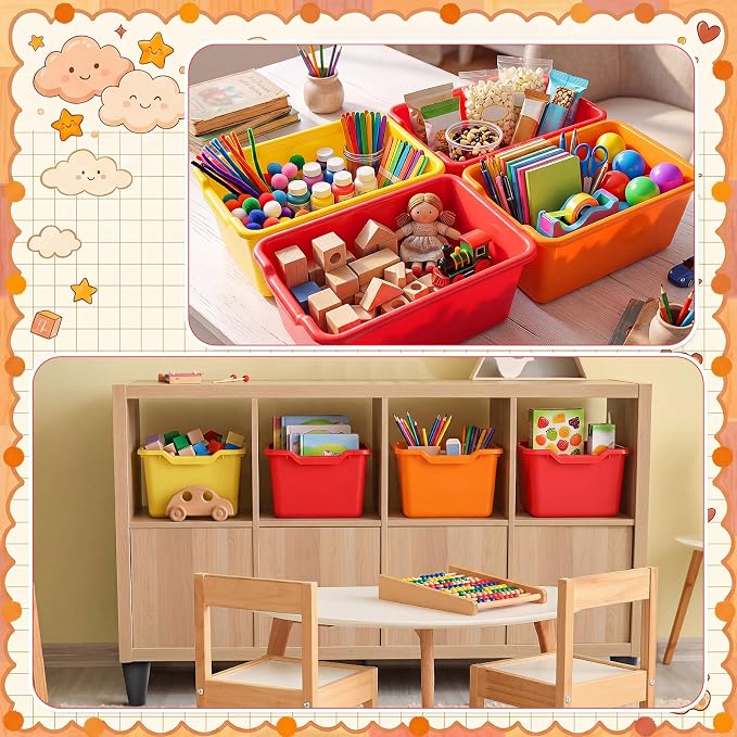 Dandat 32 Pcs Plastic Book Bins for Classroom Library Cubby Bins Scoop Front Stackable Toy Storage Tubs Containers for School Office Home Nursery Playroom Organization (Bright Color)